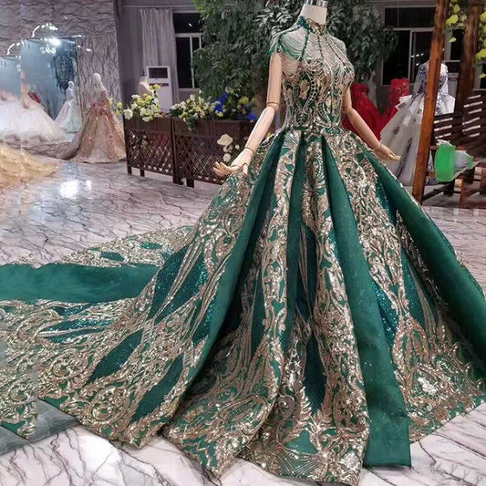 Luxury green high neck tassle dubai crystal beading evening gala dress