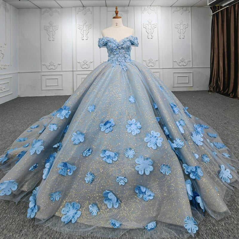 3D flower applique shiny lace blue ball gown evening gala quinceanera dress