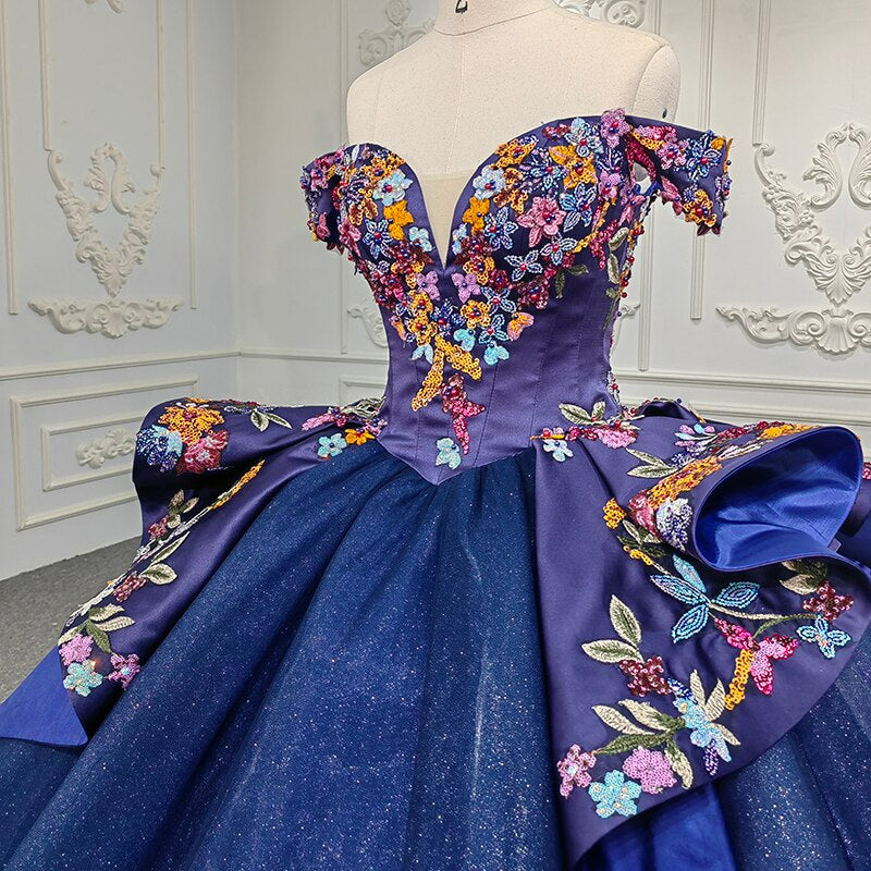 Navy blue ball gown flower applique off the shoulder quinceanera evening gala wedding dress