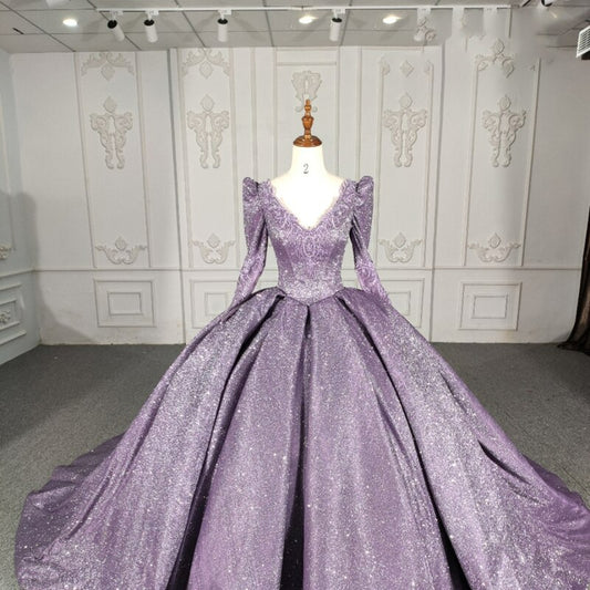 Purple shinny lace applique princess puff long sleeve gala quinceanera ball gown dress