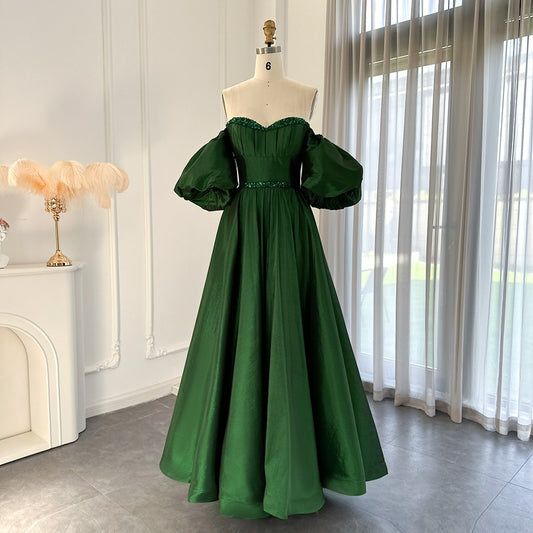 Emerald Green Dubai Evening Dress with Puff Sleeves Beaded Long Arabic Formal Dresses for Women Wedding Party SS509