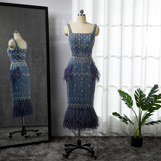 Luxury Crystal Feathers Dubai Evening Dresses for Women Wedding Elegant Blue Lace Midi Arabic Party Gown LA71492A