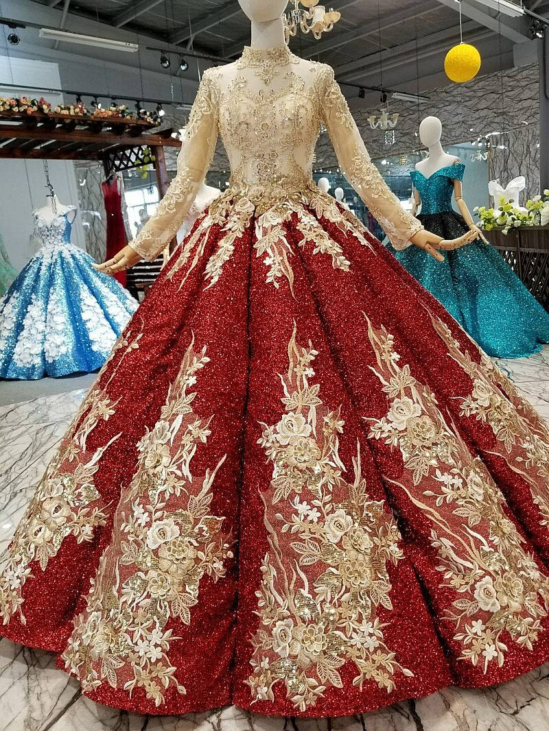 Shiny burgundy red golden flower wine red ball gown evening modest wedding gala quinceanera dress