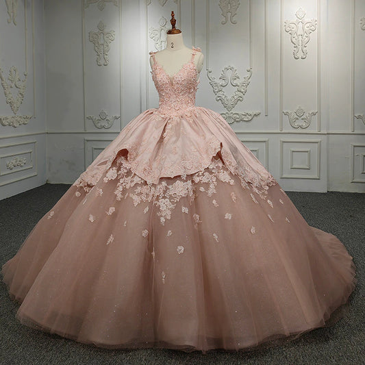 Ball gown blush pearl beaded flower applique  classic evening gala wedding quinceanera luxury dress