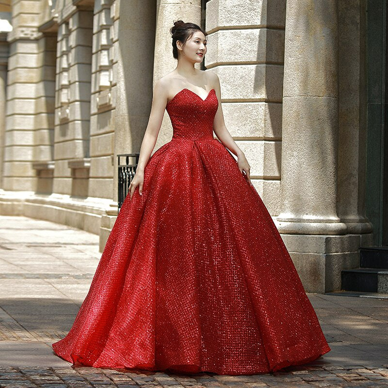 red sexy strapless floor length evening dress for princess ball gown