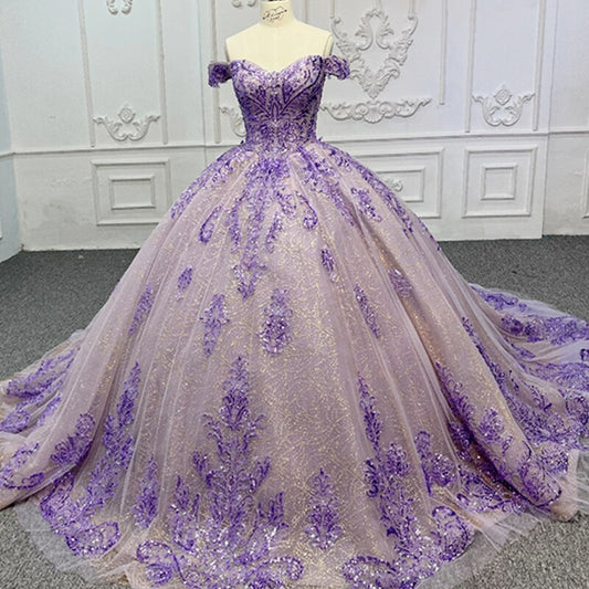 Purple shinny ball gown flower embriondery quinceanera evening dress