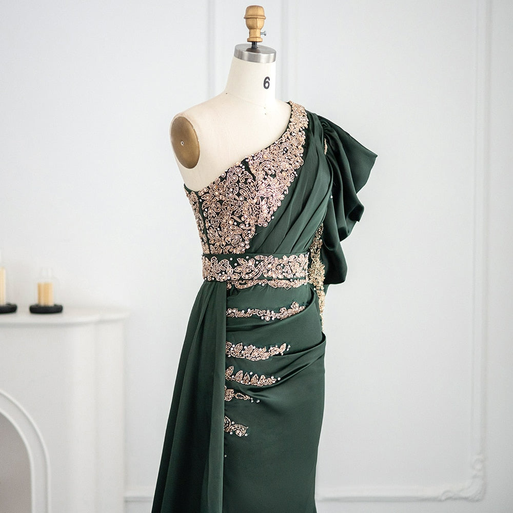 Emerald Green One Shoulder Mermaid Evening Dress Long Sleeve Beaded Elegant Women Formal Prom Dresses for Wedding Party Gowns SS422
