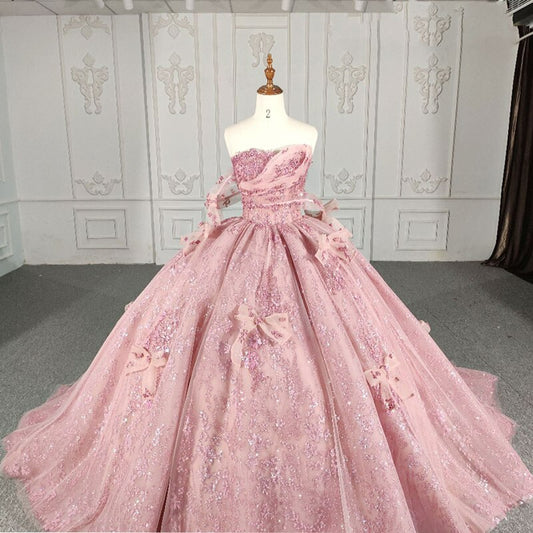 Quinceanera Dresses Ball Gown Flower Pink beading Sequined Lace Evening Party Dress