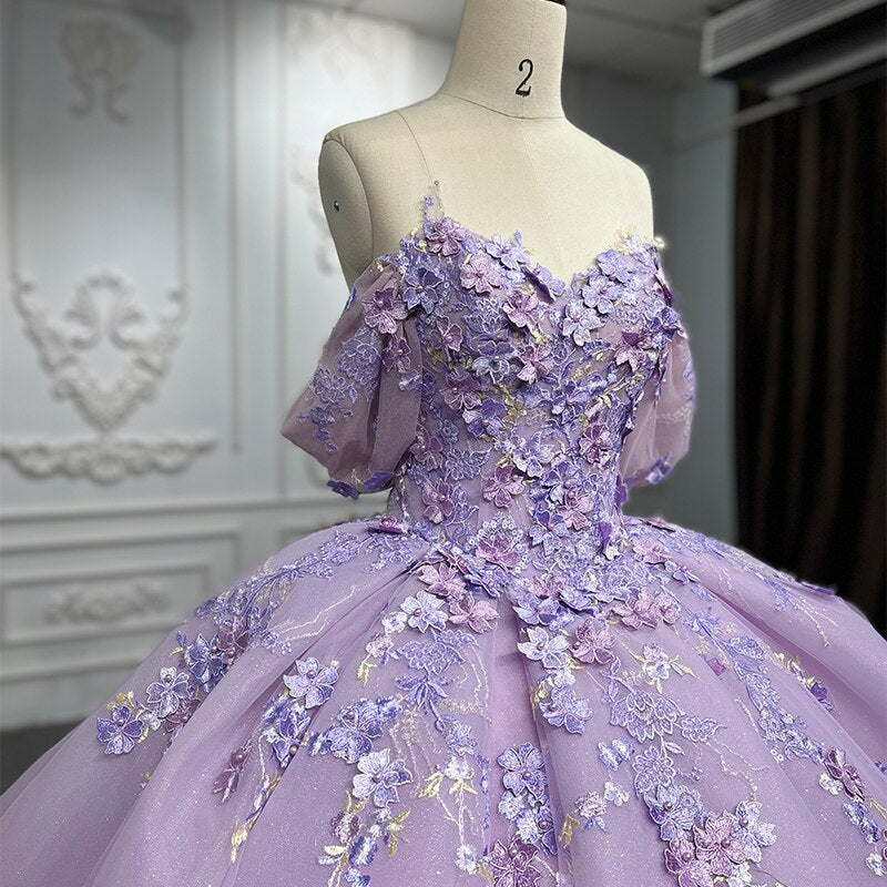 Purple Ball Gown Evening Dress Quinceanera Dress With Flowera Off The Shoulder sweet 16 Party Dress