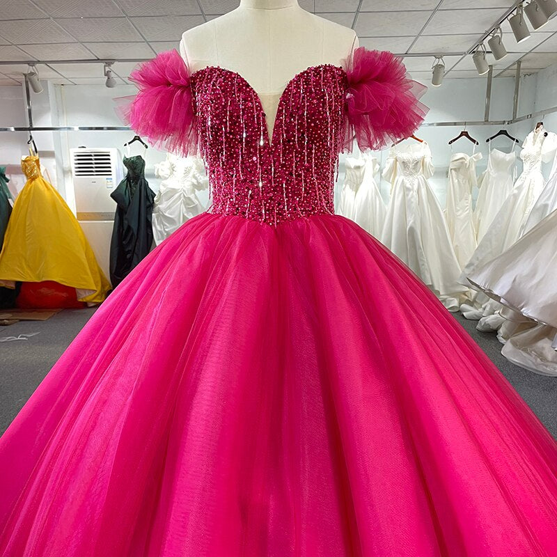 Modern Bridal Dress pink long train tulle ball gown wedding evening quince dress