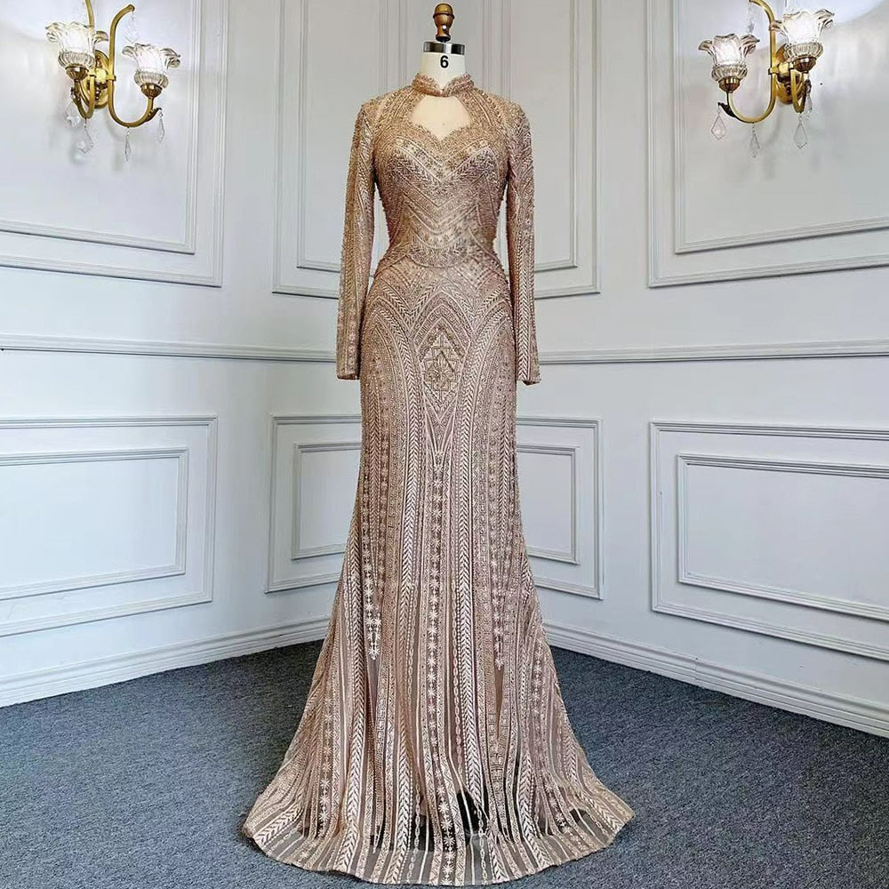 Mermaid Elegant High Neck Brown Evening Dresses Gowns Luxury Beaded For Women Party LA71742
