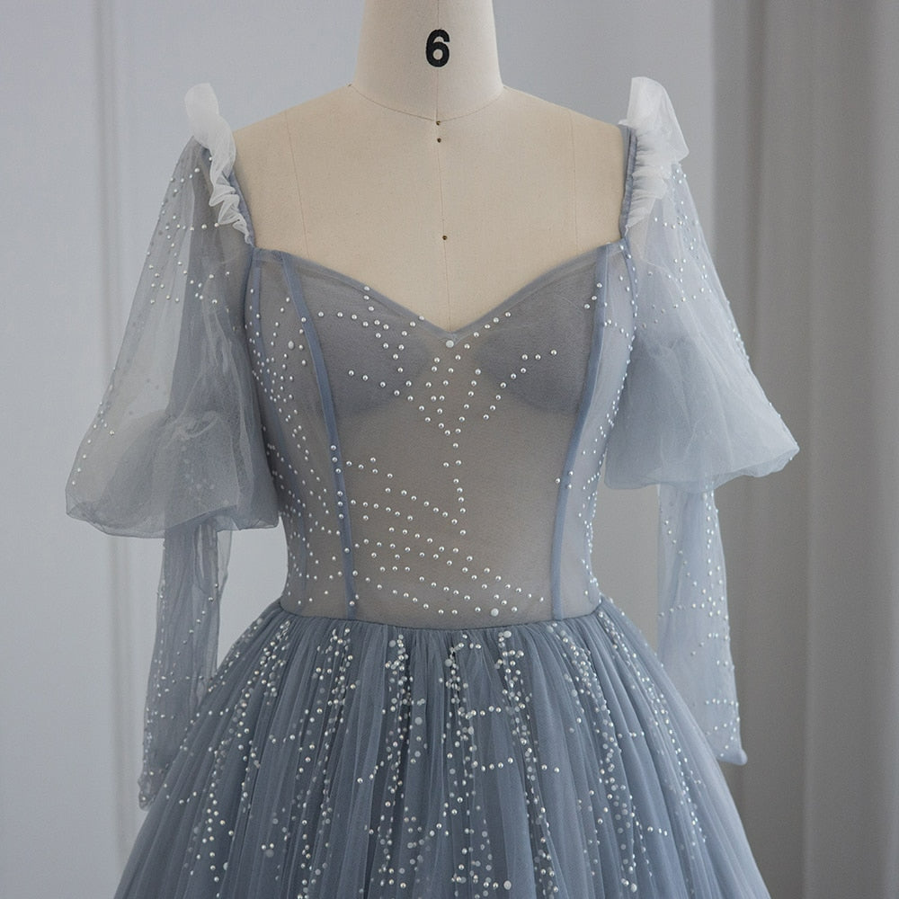 Elegant Blue Pearls Ball Gown Evening Dress for Women Wedding Luxury Dubai Formal Birthday Party Sweet 16 Gowns