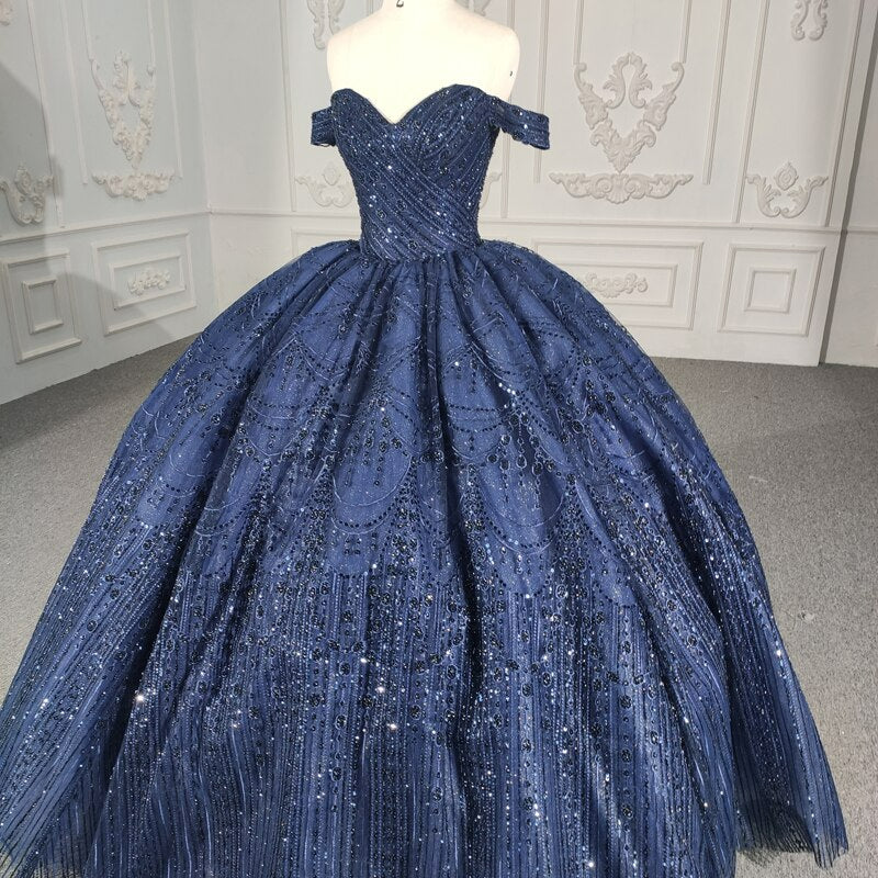 Navy blue shiny ball gown luxury evening quinceanera gala dress