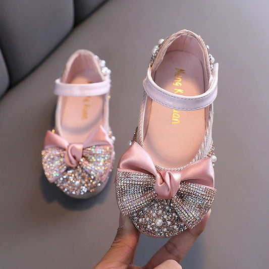New Children Leather Shoes Rhinestone Bow Princess Girls Party Dance Shoes flower girl shoes Baby Student Flats Kids Performance Shoes