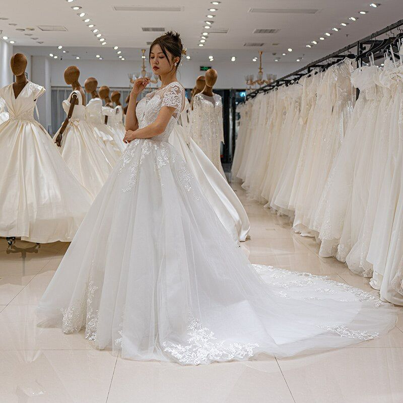 Elegant ball gown wedding dress short sleeve lace beads white bridal c –  AiSO BRiDAL