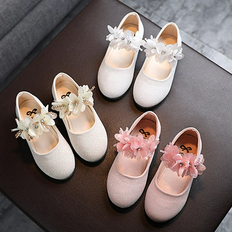 Kids Leather Girls Shoes Shining Flowers Princess Shoes For Baby Party Wedding Children Flats Spring Summer Dress Shoes flower girl shoes