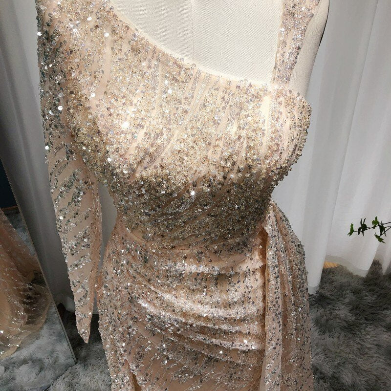 Luxury Beaded Champagne Mermaid Arabic Evening Dress for Women Wedding Guest Plus Size Overskirt Women Formal Party Gowns SS128