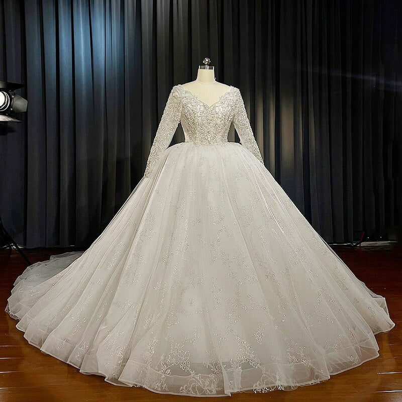 Elegant V neck ball gown wedding dress