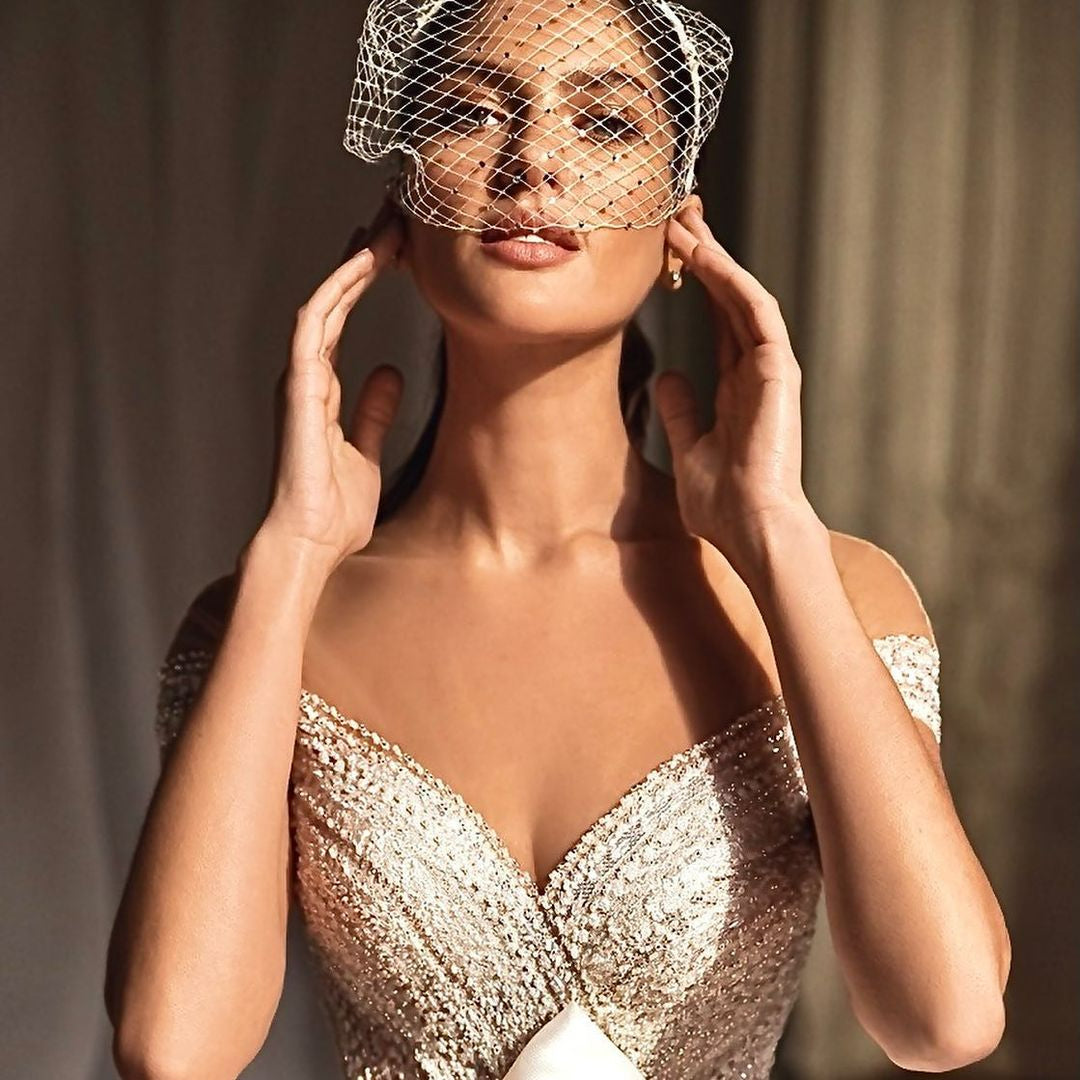 White Headband Veil for Bridal Crystal Birdcage Black Face Net Mask Short Veil Fascinator Elegant Charming Veil Black