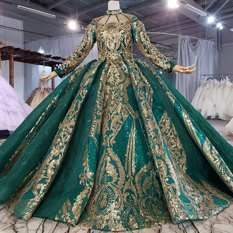 Gold embroidery flower shiny applique green gala evening quinceanera dress