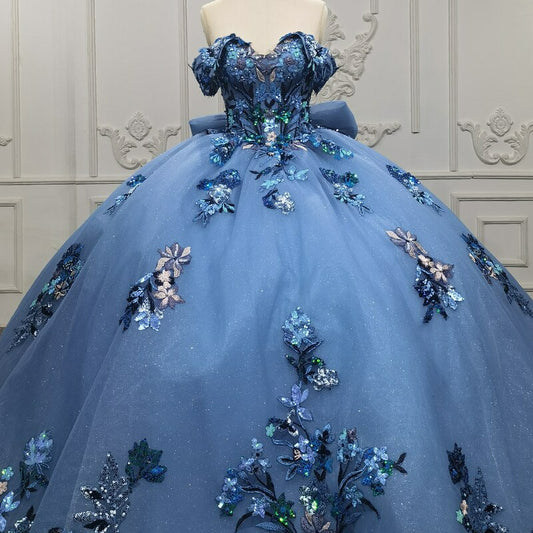 Blue Quinceanera ball gown flower applique luxury dress