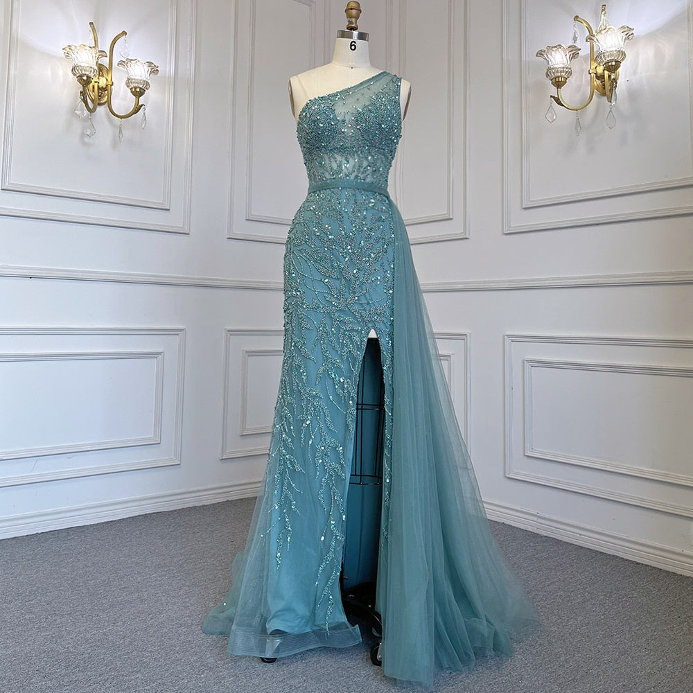 Turquoise Mermaid Elegant With Skirt Sexy High Split Evening Dresses Gowns Luxury Beaded Crystal Women LA71582A