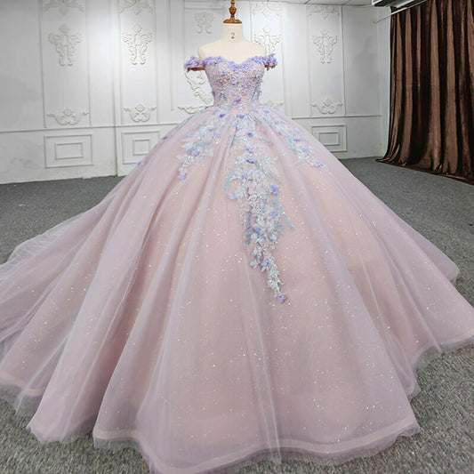 3D Flower applique ball gown purple shinny shimmery evening gala quinceanera dress