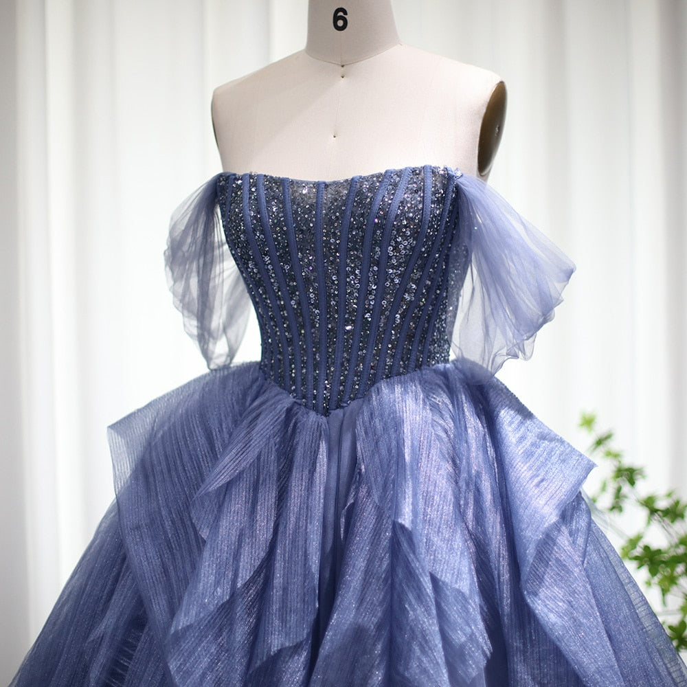 Luxury Blue Tulle Ball Gown Evening Dress for Wedding Party Elegant Sweet 16 Dress Quinceanera Birthday Formal SS207