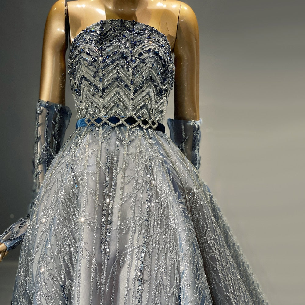 Glitter Blue Beaded Dubai Evening Dresses Luxury Crystal Arabic Long Formal Prom Dress for Women Wedding Party SS552