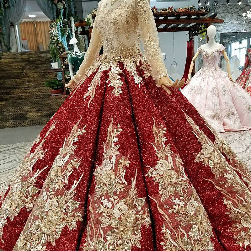 Shiny burgundy red golden flower wine red ball gown evening modest wedding gala quinceanera dress