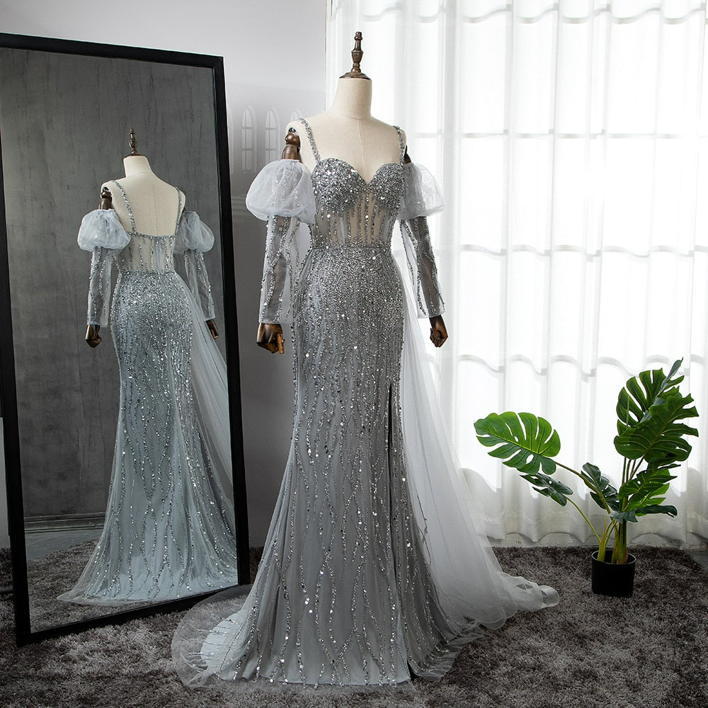 Sexy Gray Beaded Party High Split Spaghetti Straps Mermaid Balloon Sleeves Evening Dresses Gowns LA71571A