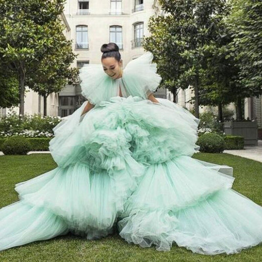 Mint Green Tulle Tiered Prom Dresses Summer Puffy Ruffles Cap Sleeves Evening Gowns Girls Celebrity Pageant Gowns