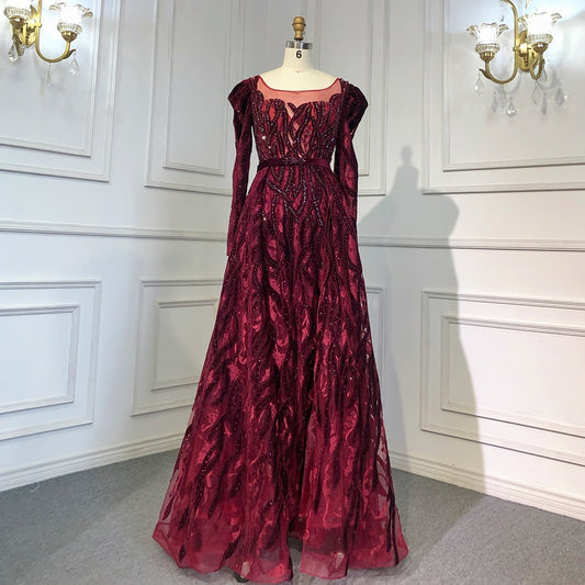 Wine Red Mermaid Elegant Evening Velvet Muslin Dresses Long Sleeves 2023 Beaded Luxury For Women Party LA71637