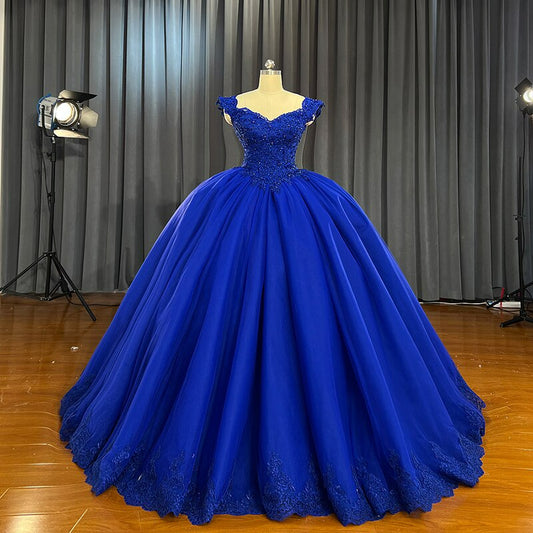 Shiny beaded cyrstals Blue luxury ball gown dress