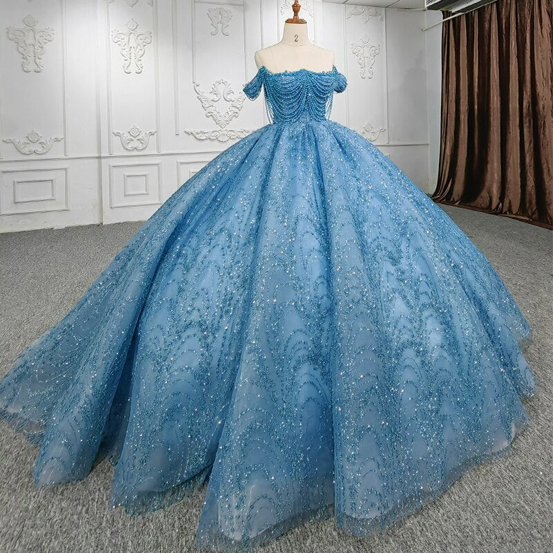 Luxury Blue Shinny Ball Gown strapless draping pearl dress