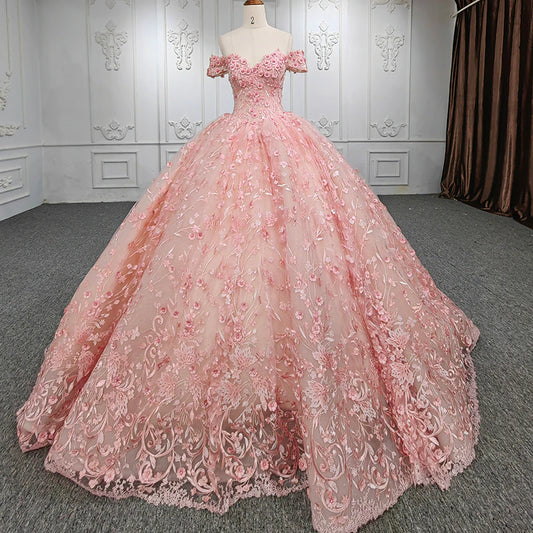 pearl beading 3D flower applique quinceanera evening party gala ball gown dress