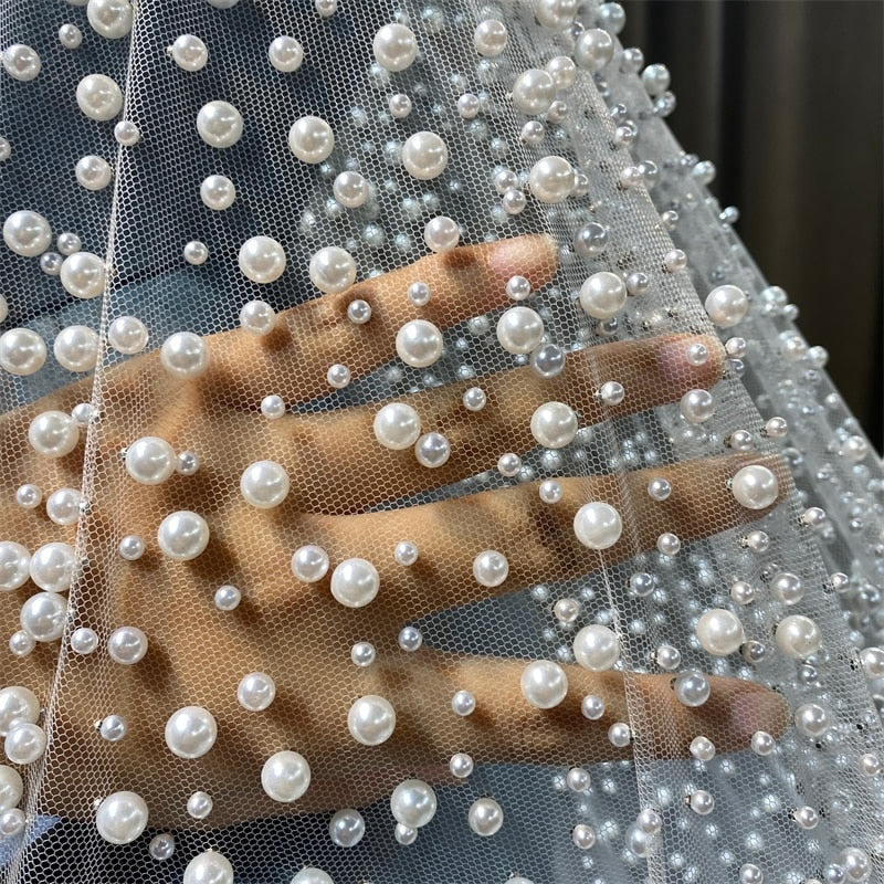 Pearls Ivory Long Bridal Veil With Comb One Layer Cathedral Wedding Veil with Pearls Velos de Noiva Crystal Beads and Diamonds