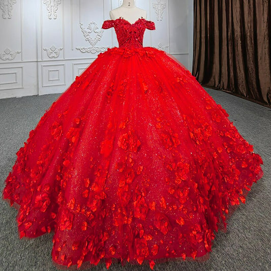 3D flower applique red ball gown luxury evening gala quinceanera wedding dress