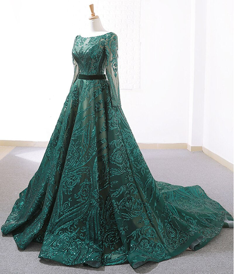 green evening party dress long o-neck dress mother of bride prom dress