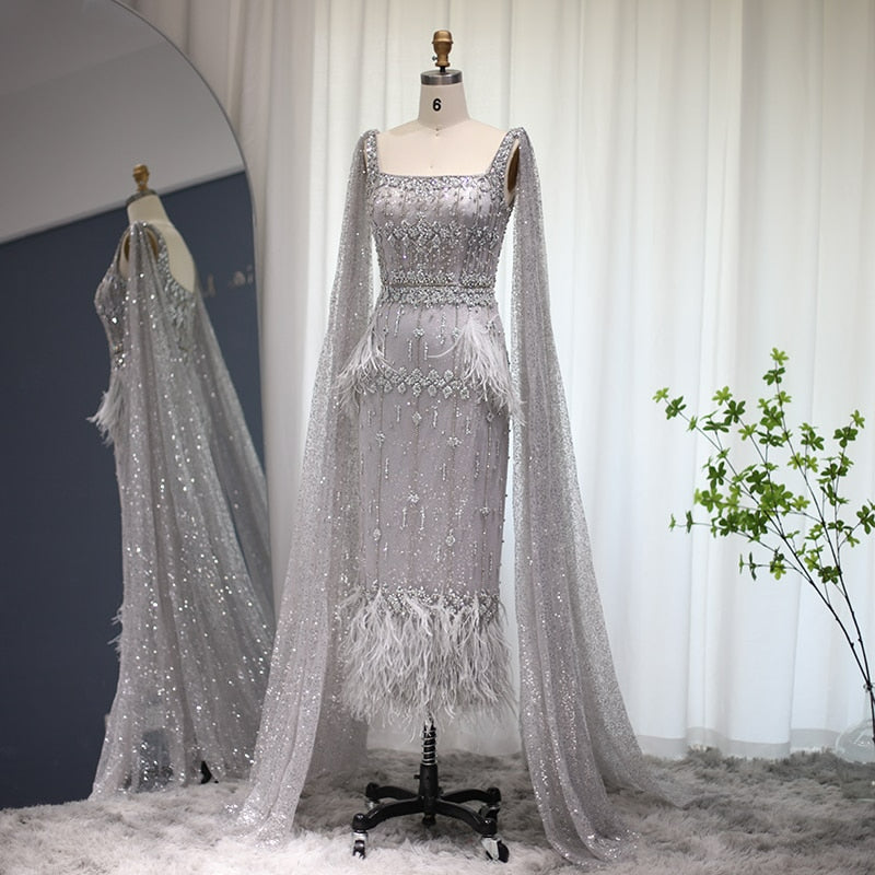 Bling Gray Mermaid Arabic Evening Dress with Cape Luxury Feather Dubai Formal Dresses for Women Wedding Party SS279