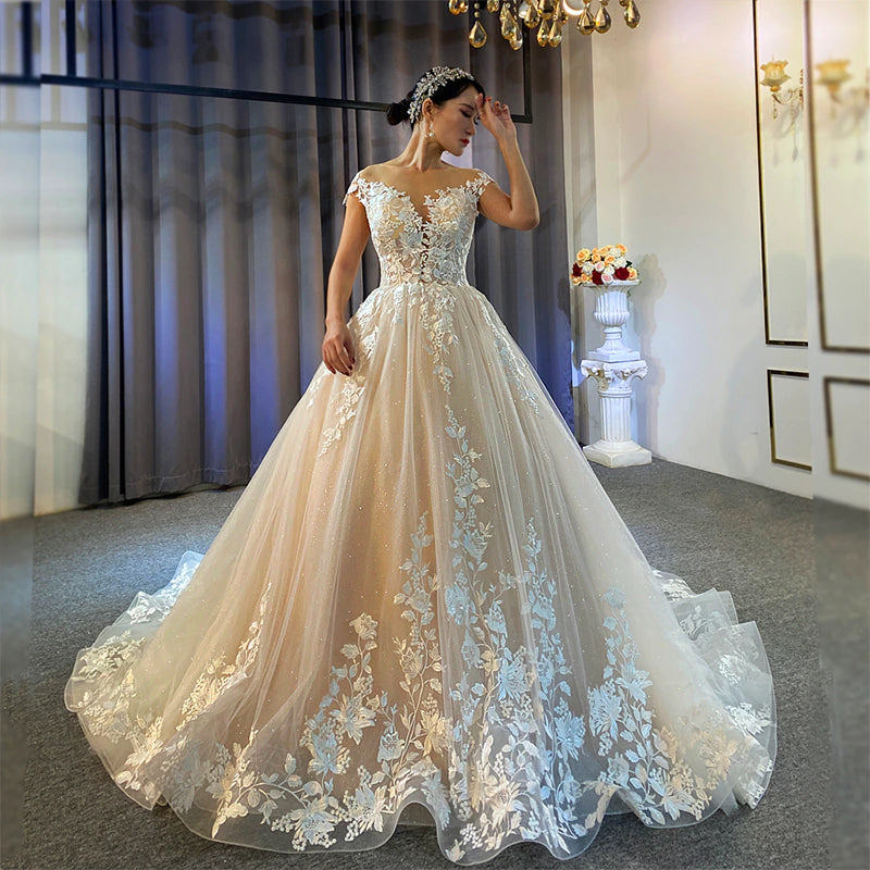 Beading lace and tulle illusion wedding dresses chapel train weding dress women Appliques wedding dresses for women