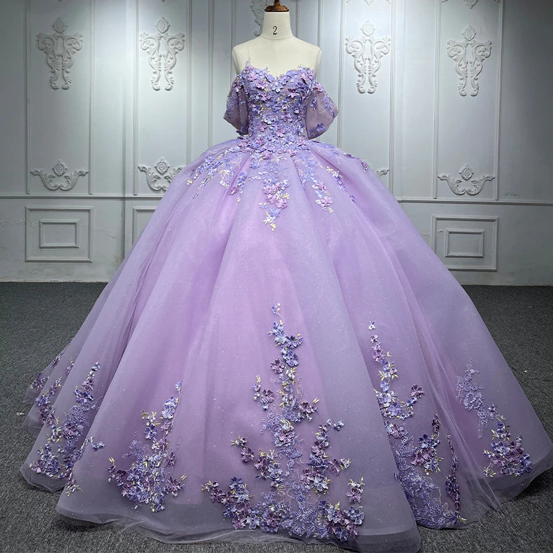 Purple Ball Gown Evening Dress Quinceanera Dress With Flowera Off The Shoulder sweet 16 Party Dress