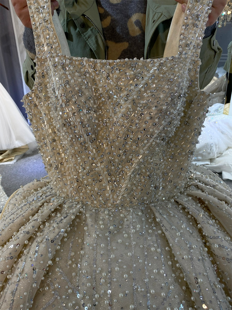 NS4136 Spaghetti strap crystal beaded shiny royal train luxury ball gown wedding dress