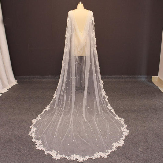 High Quality Pearls Wedding Bolero Lace Long 2.5 Meters Bridal Cape with Lace Edge White Ivory Bride Jacket Wedding Accessories