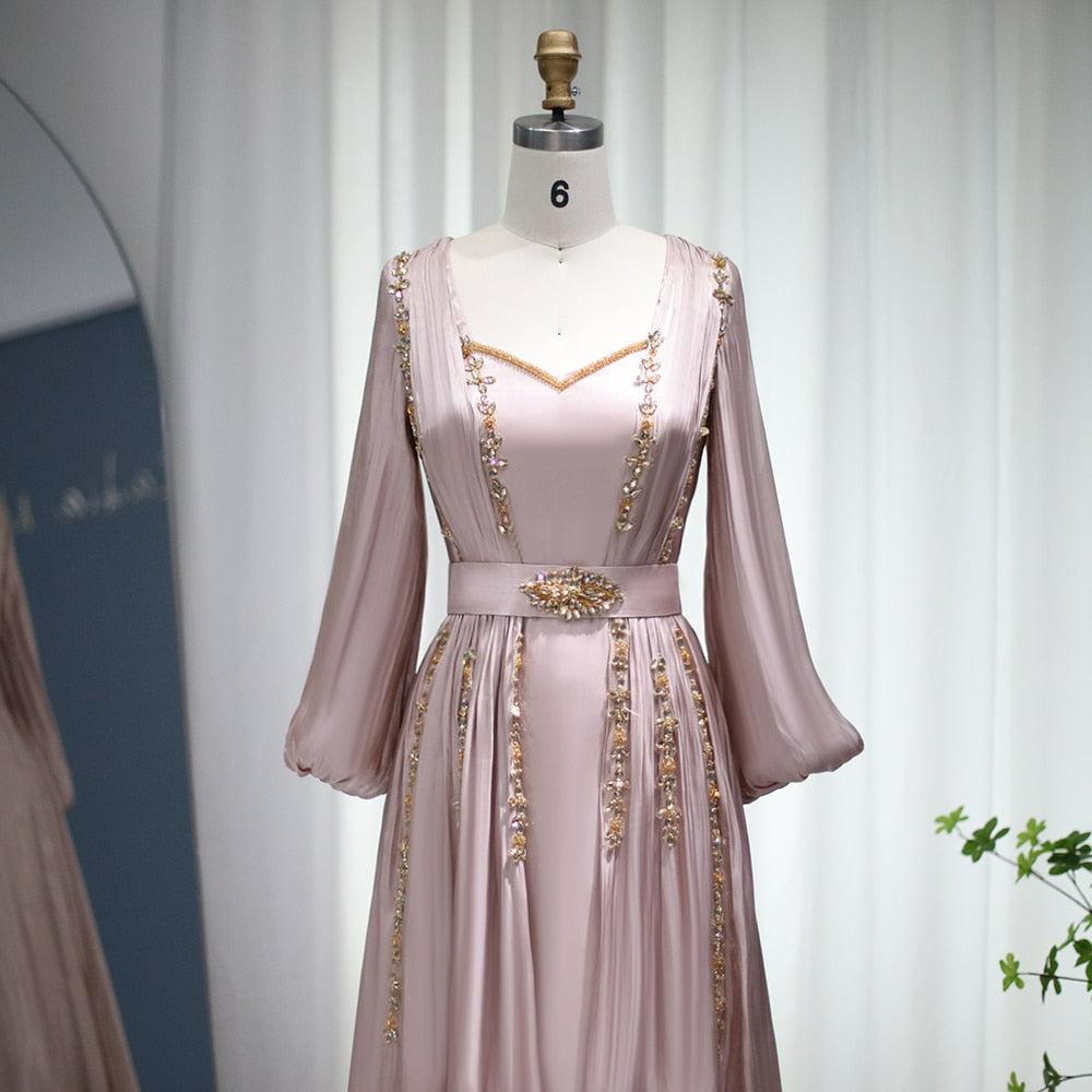 Rose Gold Moroccan Kaftan Long Sleeve Dubai Muslim Evening Dress Wedding Party Arabic Engagement Formal Gowns SS441