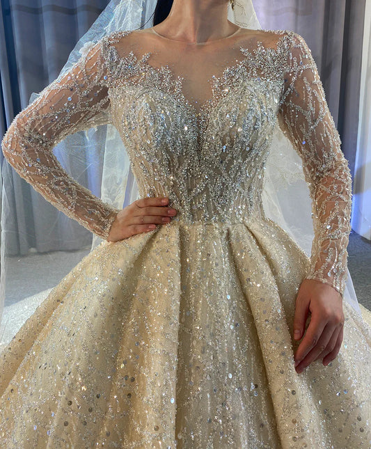 AM688 Glitter Applique Long Sleeve Affordable luxury Ball Gown Wedding Dress
