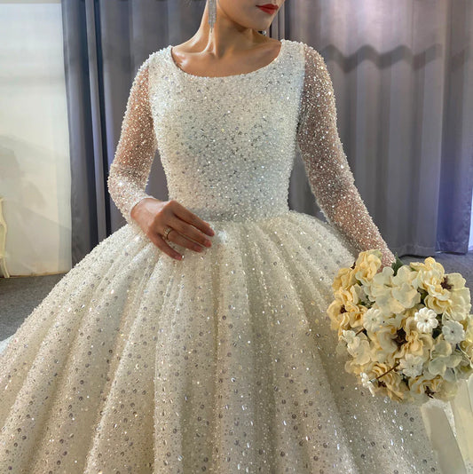 Elegant Full Pearl Crystal Beading Custom Made Affordable Luxury Wedding Dress Bespoke Designer Wedding Dress