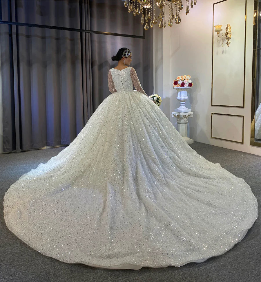 Elegant Full Pearl Crystal Beading Custom Made Affordable Luxury Wedding Dress Bespoke Designer Wedding Dress