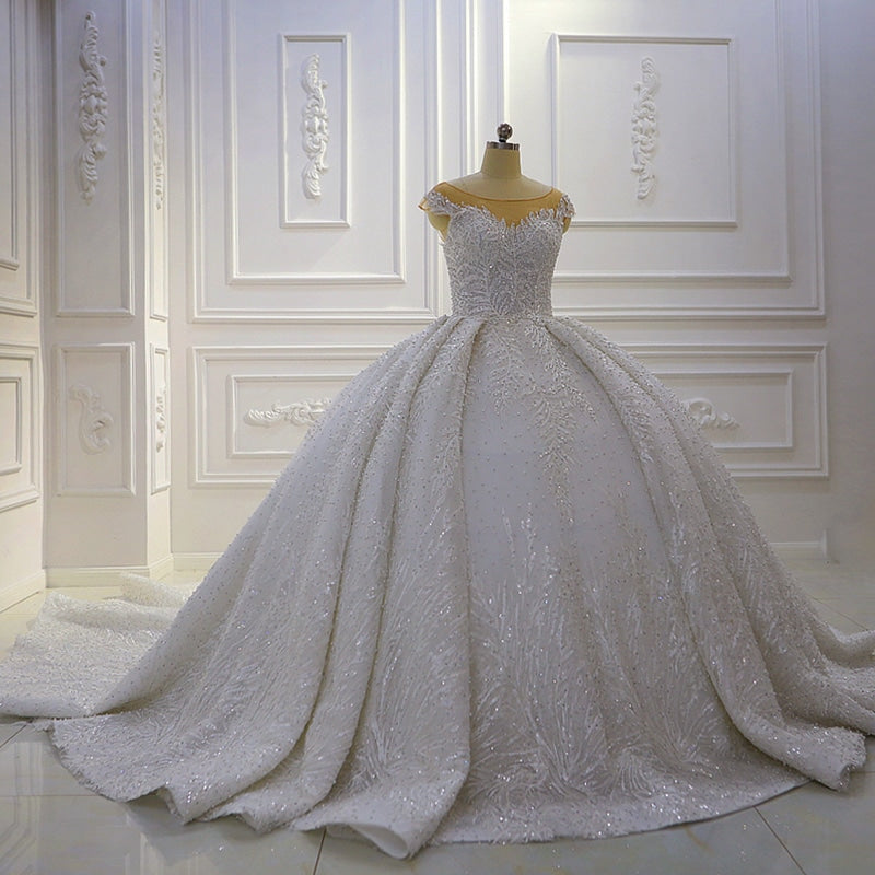 Short Sleeve Luxury Haute Couture Ball Gown Wedding Dress illusion Sweetheart Long Train Wedding Dress Luxury Couture Vestido de novias