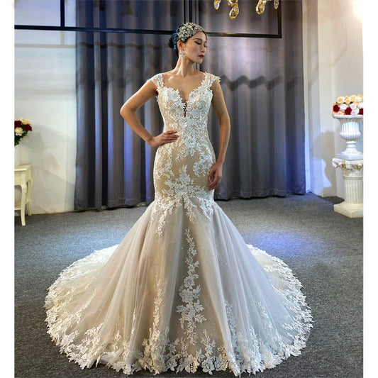 Mermaid Lace Applique Sweetheart Neckline Luxury Designer Custom Made Custom Size Nude Mermaid Wedding Dress
